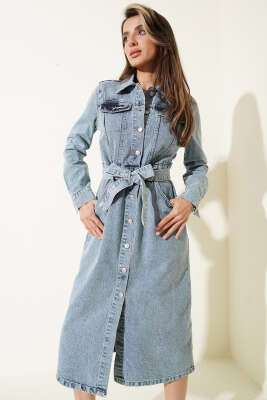 Kemerli Midi Boy Kot Elbise Kot Mavisi - Kadın Giyim Modelleri