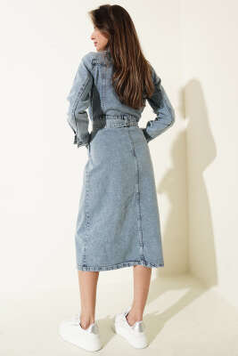 Kemerli Midi Boy Kot Elbise Kot Mavisi - Kadın Giyim Modelleri