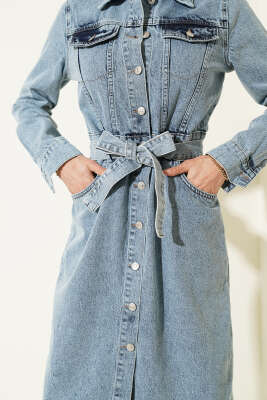 Kemerli Midi Boy Kot Elbise Kot Mavisi - Kadın Giyim Modelleri