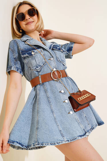 Kemerli Mini Kot Elbise Açık Mavi - Kadın Giyim Modelleri