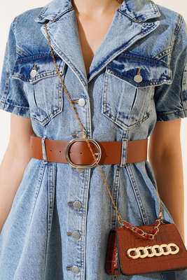 Kemerli Mini Kot Elbise Açık Mavi - Kadın Giyim Modelleri