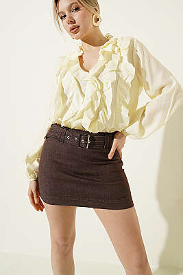 Kemerli Mini Kot Etek Kahve - Kadın Giyim Modelleri