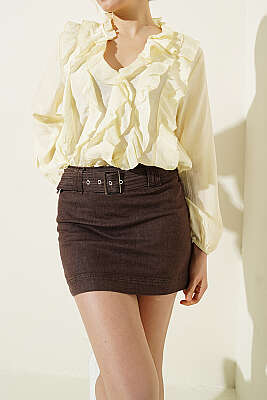 Kemerli Mini Kot Etek Kahve - Kadın Giyim Modelleri