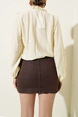 Kemerli Mini Kot Etek Kahve - Kadın Giyim Modelleri