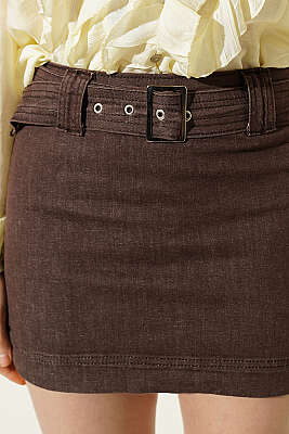 Kemerli Mini Kot Etek Kahve - Kadın Giyim Modelleri