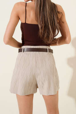Kemerli Mini Şort Etek Bej - Kadın Giyim Modelleri