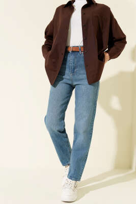 Kemerli Mom Jeans Pantolon Açık Mavi - HEPYEK