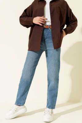 Kemerli Mom Jeans Pantolon Açık Mavi - Pantolon