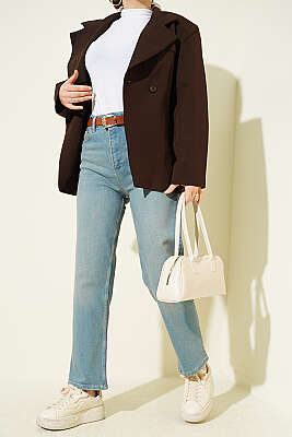 Kemerli Mom Jeans Pantolon Açık Tint - HEPYEK
