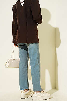 Kemerli Mom Jeans Pantolon Açık Tint - Pantolon