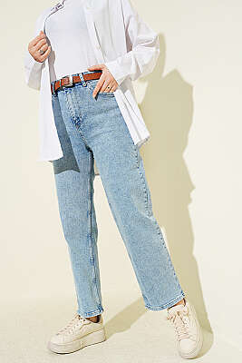 Kemerli Mom Jeans Pantolon Kar Açık - HEPYEK