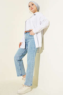 Kemerli Mom Jeans Pantolon Kar Açık - Pantolon