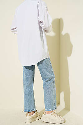 Kemerli Mom Jeans Pantolon Kar Açık - Pantolon