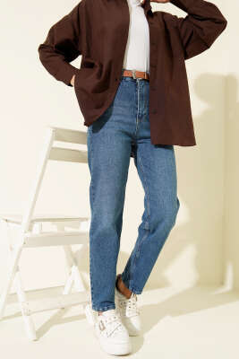 Kemerli Mom Jeans Pantolon Mavi - Pantolon