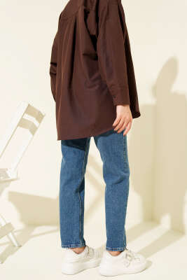 Kemerli Mom Jeans Pantolon Mavi - Pantolon