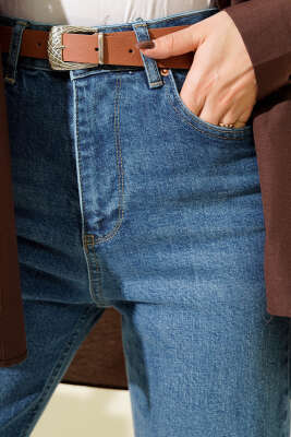 Kemerli Mom Jeans Pantolon Mavi - Pantolon