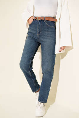 Kemerli Mom Jeans Pantolon Tintli 