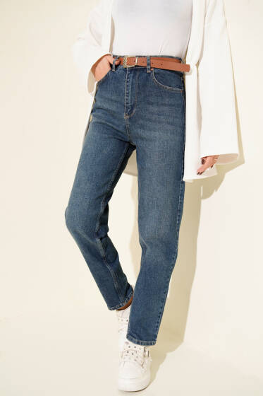 Kemerli Mom Jeans Pantolon Tintli - Pantolon