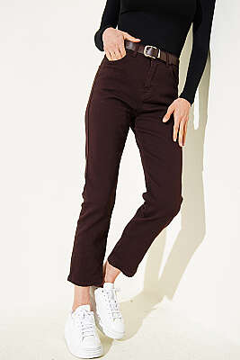 Kemerli Mom Kot Pantolon Kahve - ZARX JNS