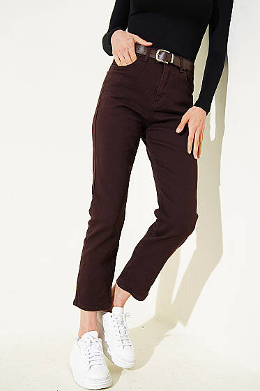 Kemerli Mom Kot Pantolon Kahve - Kadın Giyim Modelleri