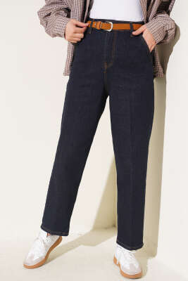 Kemerli Mom Kot Pantolon Lacivert - ZARX JNS