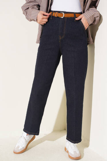 Kemerli Mom Kot Pantolon Lacivert - Pantolon