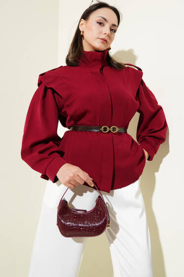 Kemerli Omuz Apoletli Ceket Bordo - Ceket