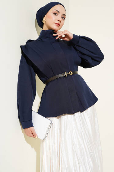 Kemerli Omuz Apoletli Ceket Lacivert - Ceket