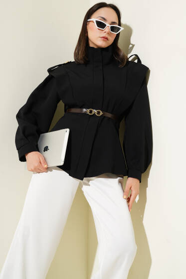 Kemerli Omuz Apoletli Ceket Siyah - Ceket