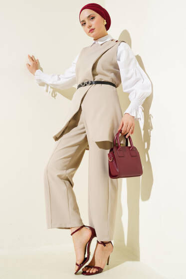 Kemerli Omuz Düğmeli Yelek İkili Takım Bej - İkili Takım