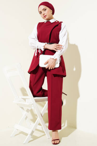 Kemerli Omuz Düğmeli Yelek İkili Takım Bordo - İkili Takım