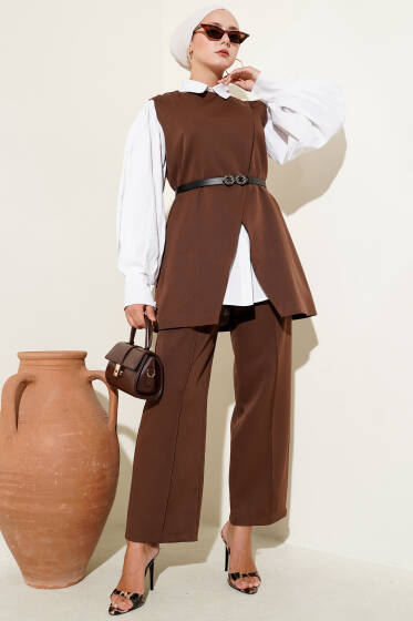 Kemerli Omuz Düğmeli Yelek İkili Takım Kahve - İkili Takım