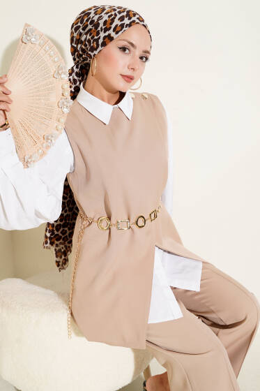 Kemerli Omuz Düğmeli Yelek İkili Takım Latte - İkili Takım