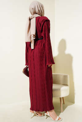 Kemerli Omuz Vatkalı Kırışık Elbise Bordo - Tesettür Elbise