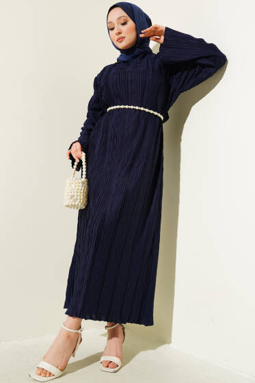 Kemerli Omuz Vatkalı Kırışık Elbise Lacivert - Elbise