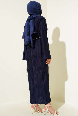 Kemerli Omuz Vatkalı Kırışık Elbise Lacivert - Tesettür Elbise