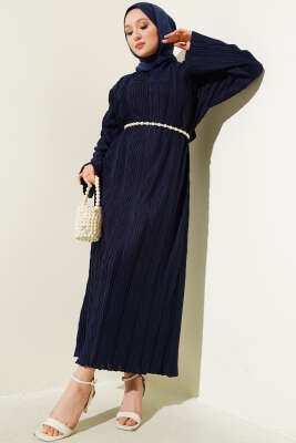 Kemerli Omuz Vatkalı Kırışık Elbise Lacivert - Tesettür Elbise