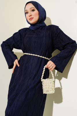 Kemerli Omuz Vatkalı Kırışık Elbise Lacivert - Tesettür Elbise