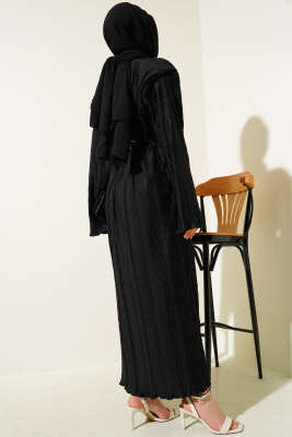 Kemerli Omuz Vatkalı Kırışık Elbise Siyah - Tesettür Elbise