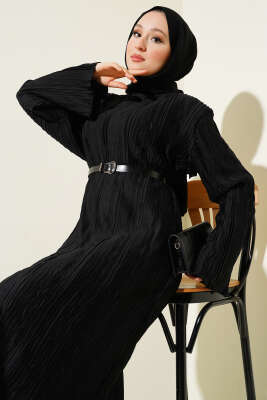 Kemerli Omuz Vatkalı Kırışık Elbise Siyah - Tesettür Elbise