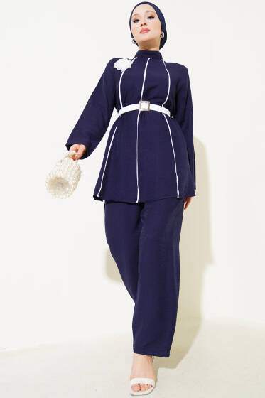 Kemerli Önü Biye Şeritli İkili Takım Lacivert - İkili Takım