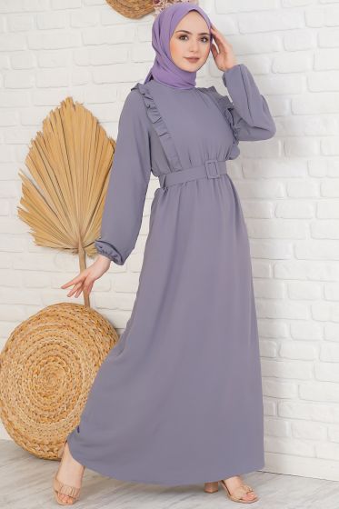 Kemerli Önü Fırfırlı Gri Elbise - Tesettür Elbise