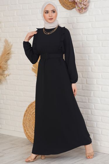 Kemerli Önü Fırfırlı Siyah Elbise - Tesettür Elbise