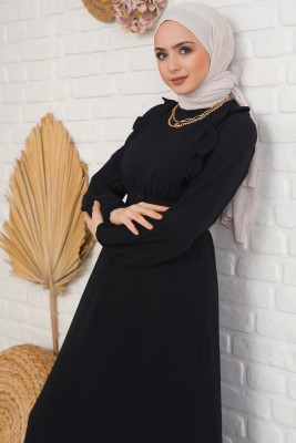 Kemerli Önü Fırfırlı Siyah Elbise - Tesettür Elbise