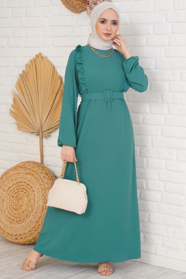Kemerli Önü Fırfırlı Yeşil Elbise - Tesettür Elbise