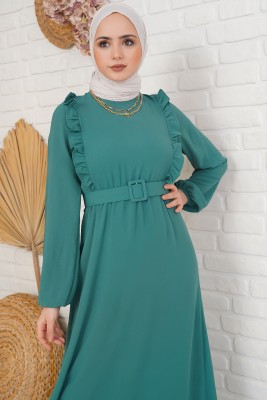Kemerli Önü Fırfırlı Yeşil Elbise - Tesettür Elbise
