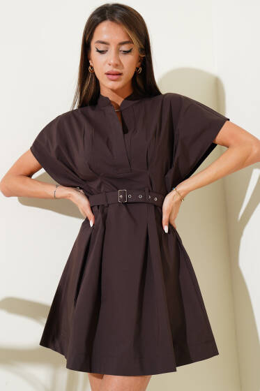 Kemerli Önü Pensli Mini Elbise Kahve - Kadın Giyim Modelleri