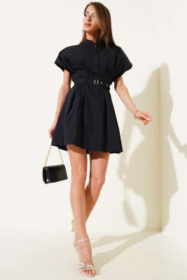 Kemerli Önü Pensli Mini Elbise Siyah - Kadın Giyim Modelleri