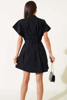 Kemerli Önü Pensli Mini Elbise Siyah - Kadın Giyim Modelleri