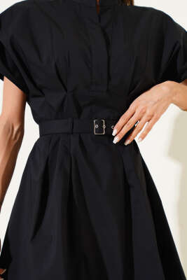 Kemerli Önü Pensli Mini Elbise Siyah - Kadın Giyim Modelleri